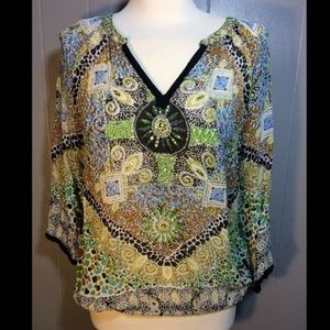 Boho Semi Sheer Peasant Beaded Sequins Top Blouse